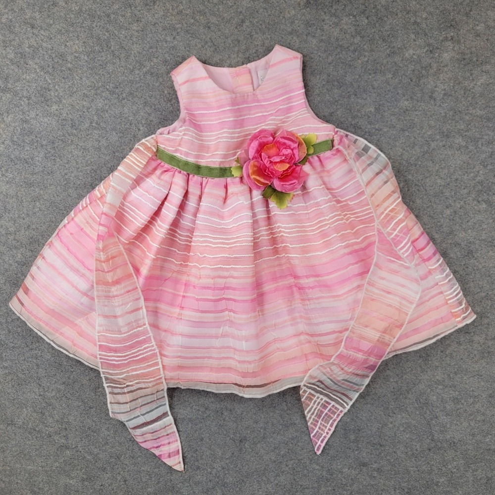 Sweet Heart Rose Dress Girls 12M Pink Striped Fit‎ & Flare Flower Organza Party